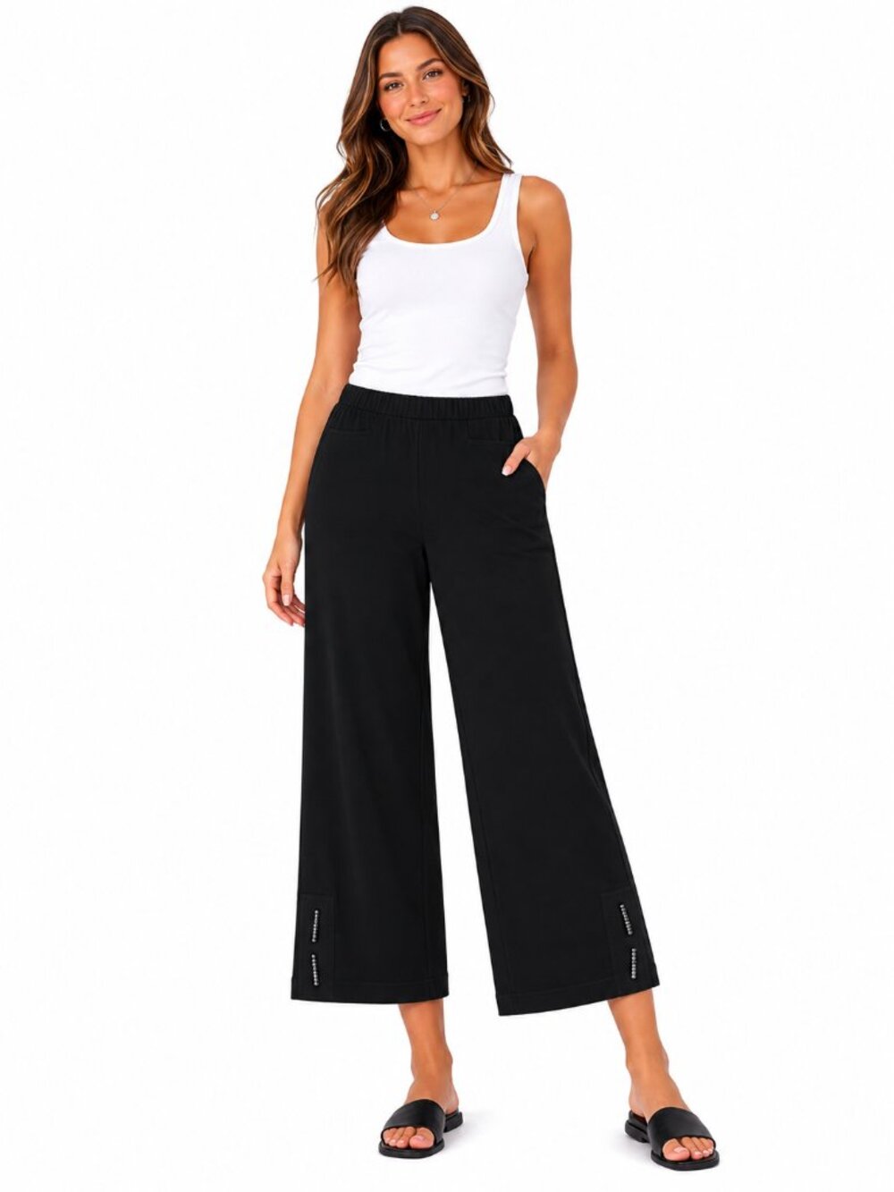 HABITAT Black Wide Leg Pants Elastic Waist Beaded Hem Lagenlook Women's Medium
